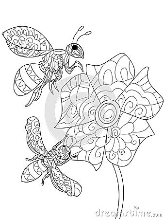 Bees on a flower Coloring book raster for adults Cartoon Illustration
