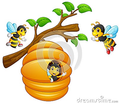 The bees fly out of a beehive hanging from a tree branch Vector Illustration