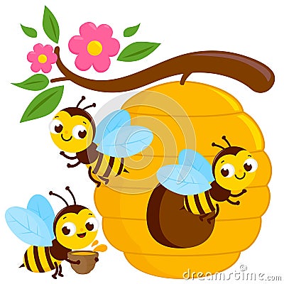 Bees flying around a beehive. Vector illustration Vector Illustration