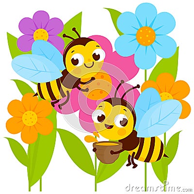 Bees flying around flowers. Vector illustration Vector Illustration