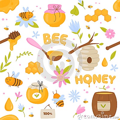 Bees honey seamless pattern. Healthy natural bee products, funny cartoon items, apiary and wild hives, honeycombs and Vector Illustration