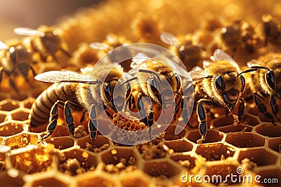 bees on honeycomb closeup full background. ai generative Stock Photo