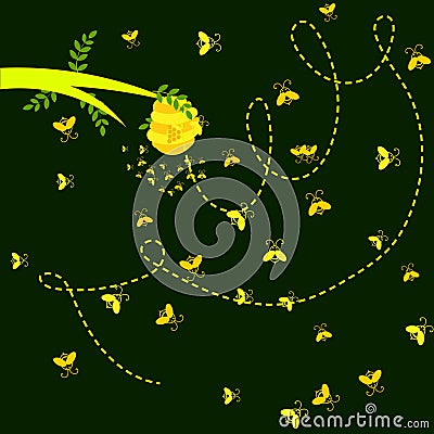 Bees with honeycomb and leaves Vector Illustration