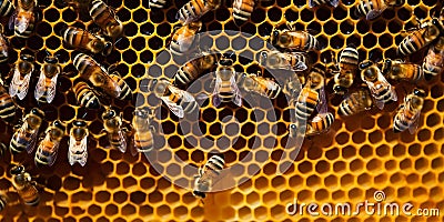 Bees on a honeycomb. It shows several bees at work filling the honeycombs with honey. Stock Photo