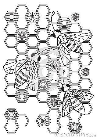 Bees in honeycombs antistress doodle coloring book page for adult. Zentangle insect black and white illustration Cartoon Illustration