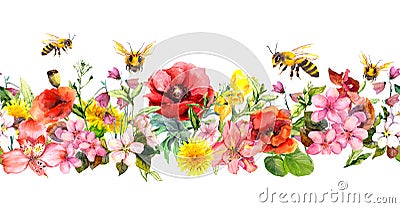 Bees in meadow flowers, summer grasses, wild leaves. Repeating floral horizontal border. Watercolor Stock Photo