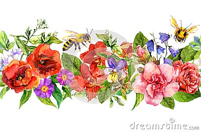 Bees, meadow flowers, summer grasses, wild leaves. Repeating floral horizontal border. Watercolor Stock Photo