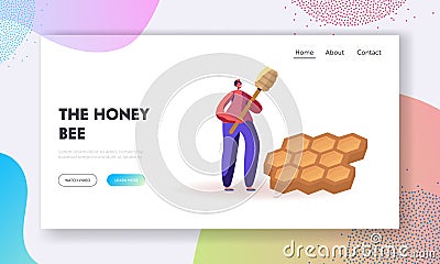 Bees Organic Production Website Landing Page. Smiling Woman Farmer Holding Huge Honey Dipper Standing near Honeycombs Vector Illustration