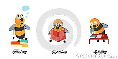 Bees and school set - Thinking, Reading and Writing Vector Illustration