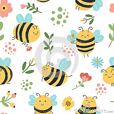 Bees seamless pattern. Cute hand drawn honey bees, flying yellow insects, flowers and honeybee doodle backdrop vector Vector Illustration