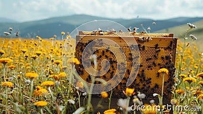Bees swarm a hive amidst a vibrant field of flowers under a clear sky, illustrating nature's pollination process Stock Photo