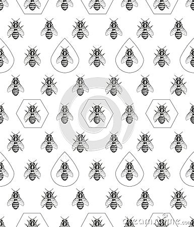 Bees texture. Seamless pattern. Realistic graphic illustration. Background Cartoon Illustration