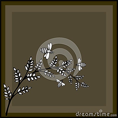 Bees and twig. Hand-drawn and vector-translated elements. Vector Illustration