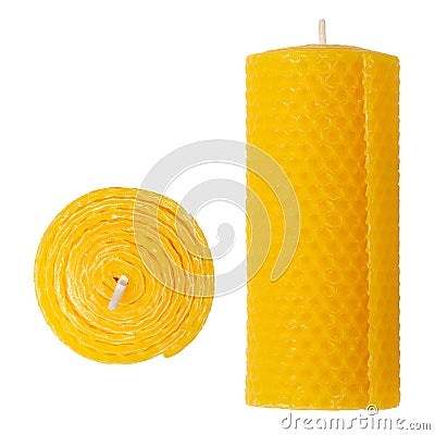 Beeswax pillar candle with wick, isolated from above and front view Stock Photo