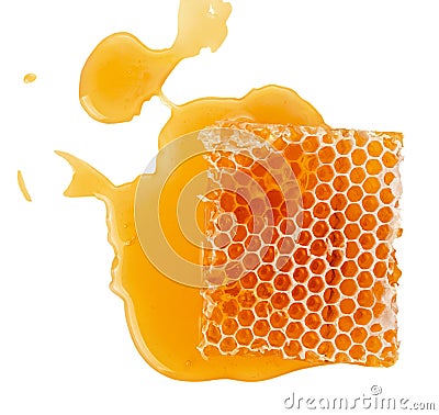 Beeswax honeycomb piece of liquid yellow natural honey isolated on white background Stock Photo