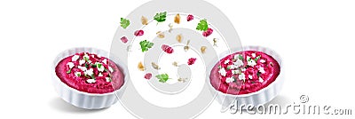 Beet hummus appetizer in a white bowl on a white isolated background Stock Photo