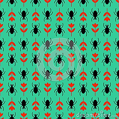 Beetle and flower pattern seamless. Insects and flowers background. Baby fabric texture Vector Illustration