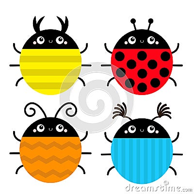 Beetle lady bug set. Insect animal collection. Ladybug, ladybird. Cute cartoon kawaii smiling baby character. Funny horns. Vector Illustration