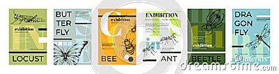 Beetle posters. Bee hipster collage. Abstract book art. Cover or mural for trendy music festival. Entomology exhibition Vector Illustration