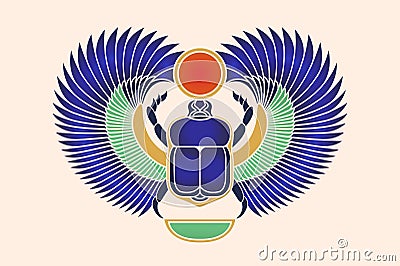 Beetle scarab with wings, sun and a crescent moon. Ancient Egyptian culture. God Khepri Sun morning dawn. The emblem, logo. Object Vector Illustration