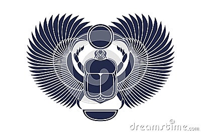 Beetle scarab with wings, sun and a crescent moon. Ancient Egyptian culture. God Khepri Sun morning dawn. The emblem, logo. Silhou Vector Illustration