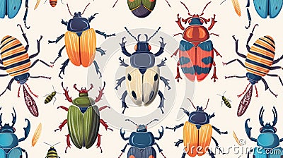 Beetles and bugs, endless fauna pattern for textile and fabric. Repeating print and texture for summer wrapping Cartoon Illustration