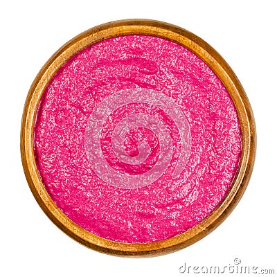 Beetroot bread spread red beet spread in a wooden bowl from above Stock Photo