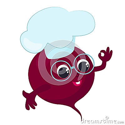 Beetroot character design. A vegetable with eyes, hands is happy and smiling and is wearing a chef's hat. Vector Illustration