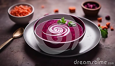 Beetroot cream soup with creamy swirl Stock Photo