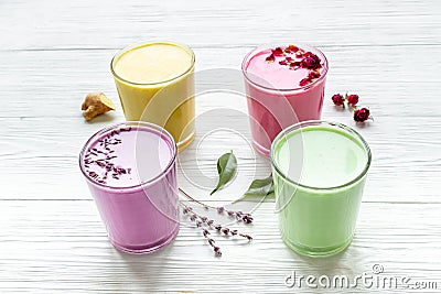 Beetroot matcha and turmeric latte coffee or tea. Healthy antioxydant drinks Stock Photo