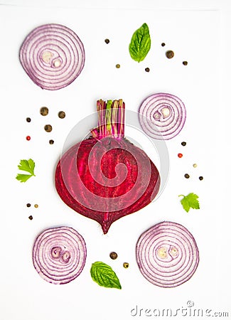 Beetroot and onion sliced and pepper peas parsley leaves and Basil Stock Photo