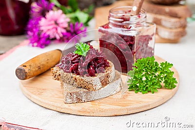 Beetroot Relish Preserves on Rye Toast Stock Photo