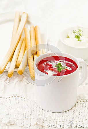 Beetroot and tomato creamy diet soup Stock Photo