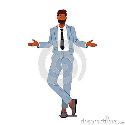 Befuddled Black Businessman Character, Shoulders Raised In Perplexity, Embodies The Complexities Of Business Decisions Vector Illustration