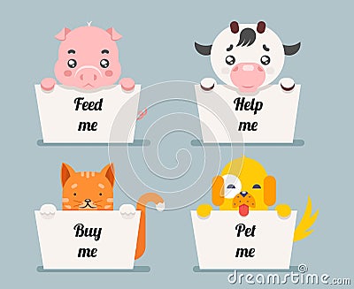 Beggar animals help cat dog pig cow cartoon flat design character vector illustration Vector Illustration
