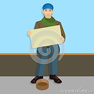 Beggar in casual cloth with empty billboards begging on bench, Vector Illustration