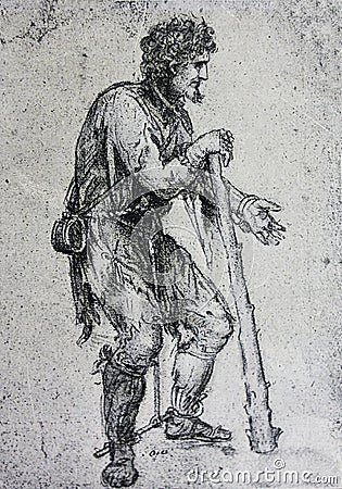 Beggar or convict by Leonardo da Vinci engraved in a vintage book Leonard de Vinci, author Eugene Muntz, 1899, Paris Stock Photo