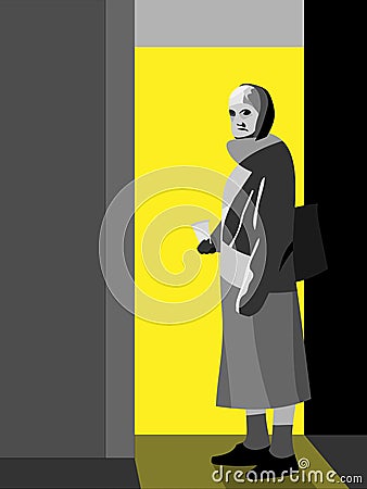 Beggar woman near a door Vector Illustration