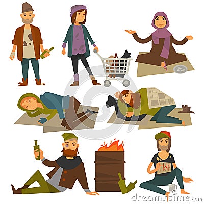 Beggars and or vagrant homeless people vector flat isolated icons Vector Illustration