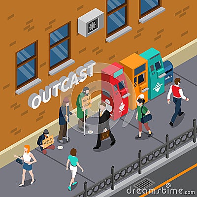 Beggars At Street Isometric Illustration Vector Illustration