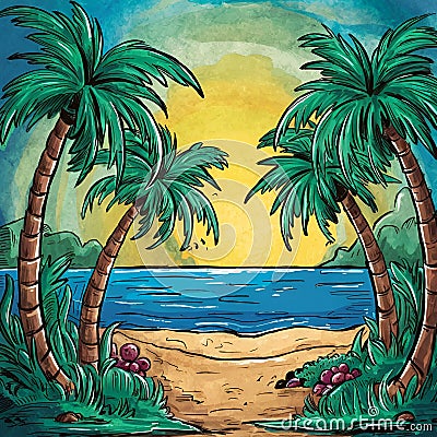 Begin by sketching out the basic composition of your scene. This includes the palm trees, the beach, and the ocean. You can use a Stock Photo