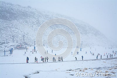 Beginners ski field on Mount Ruapehu. Heavy snowfall over Turoa ski field, North Island, New Zealand Editorial Stock Photo
