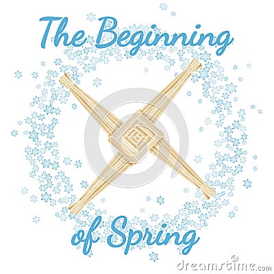 Beginning of spring pagan holiday. Imbolc. Wreath of snowflakes with Brigid Cross. Vector postcard Vector Illustration
