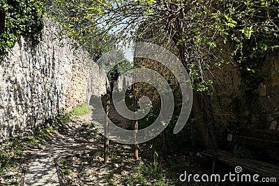 Beginning of a trail between stone walls with an arching tree and a bench on a sunny day in spring Stock Photo