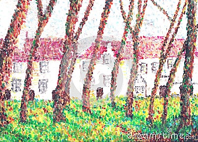 Beguine convent, pointillism. Stock Photo