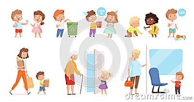 Behaving kids. Childrens with good manners helping to adult and otherness helpful respect vector characters Vector Illustration