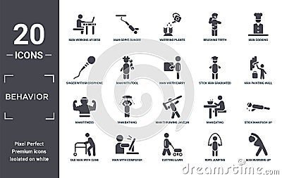 behavior icon set. include creative elements as man working at desk, man cooking, stick man graduated, throwing javelin, with Vector Illustration