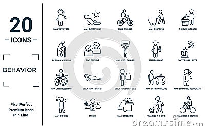 behavior linear icon set. includes thin line man with tool, old man walking, man on wheelchair, digging, riding bicylce, with Vector Illustration