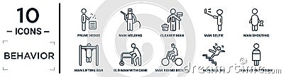 behavior linear icon set. includes thin line prune hedge, cleaner man, man shouting, old man with cane, falling, at restroom, Vector Illustration
