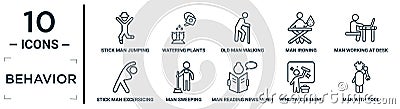 behavior linear icon set. includes thin line stick man jumping, old man walking, man working at desk, sweeping, window cleaning, Vector Illustration